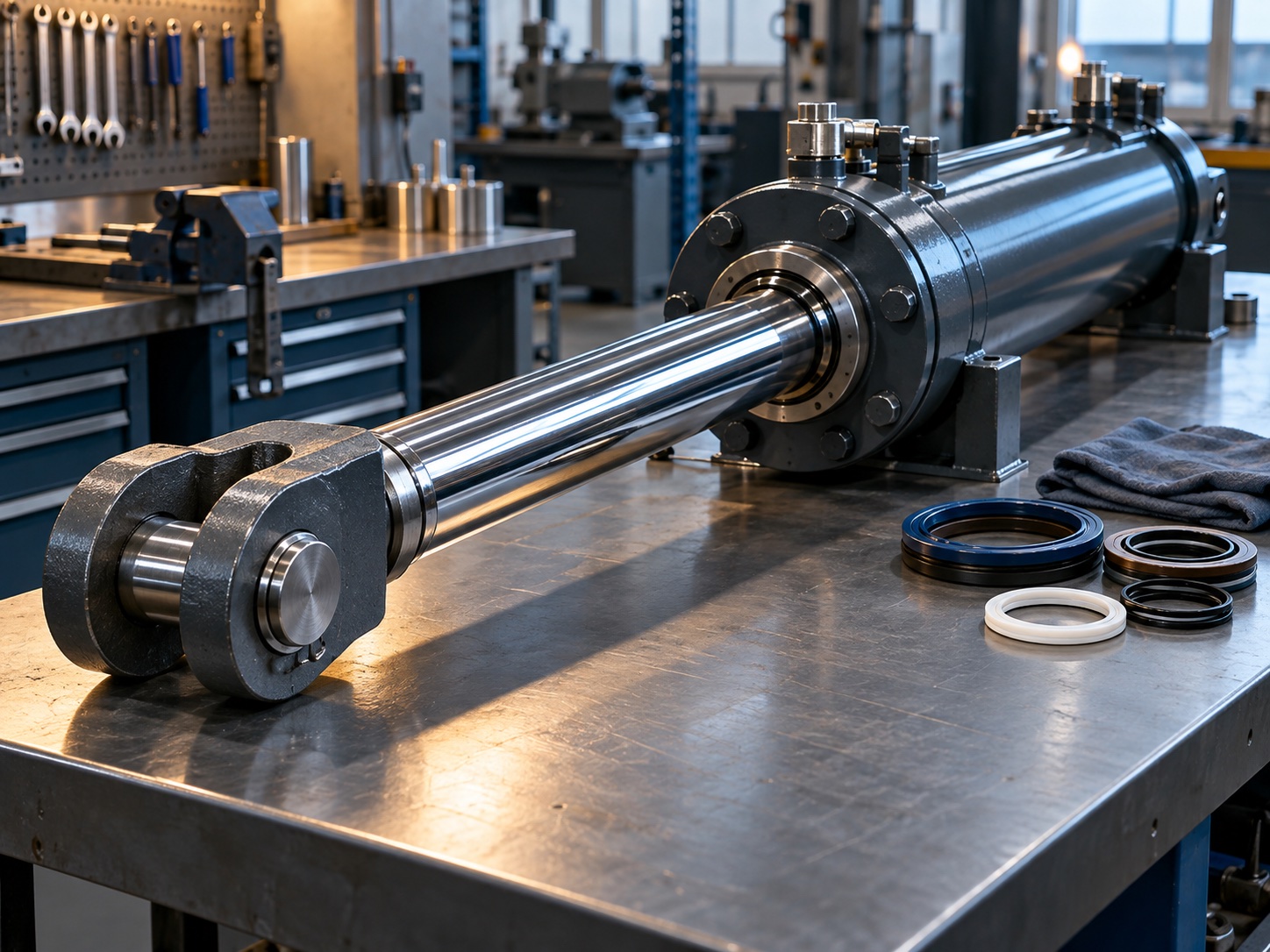 Hydraulic cylinder with its chrome piston rod extended